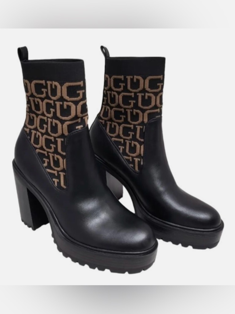 Guess Black Platform Ankle Boots with Tan Logo Knit Shaft